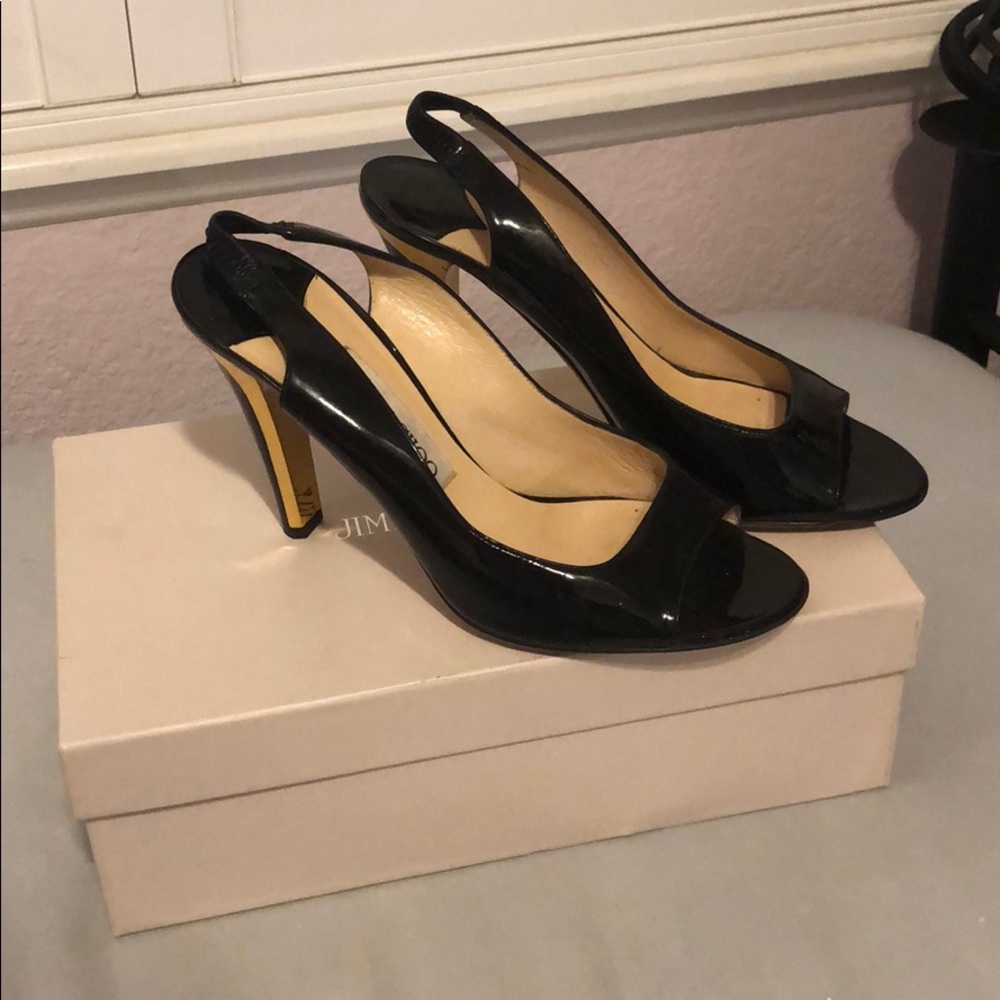 Jimmy Choo Black Sling Back Black Pumps Gold Heel Gem